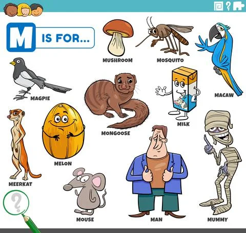 Letter m words educational set with cartoon characters 스톡 일러스트