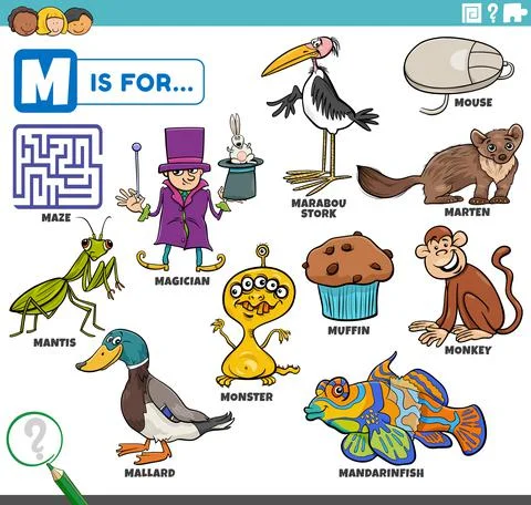 Letter m words educational set with cartoon characters Illustrazione stock