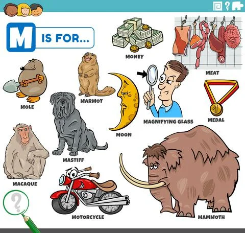 Letter m words educational set with cartoon characters Illustrazione stock