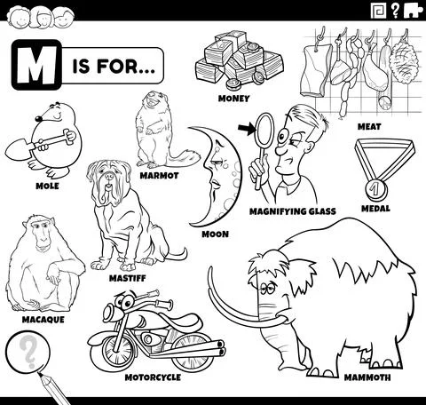 Letter m words educational set coloring book page 스톡 일러스트