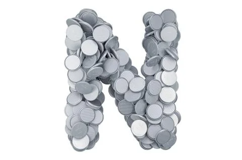 Letter N from button cells, 3D rendering 스톡 일러스트