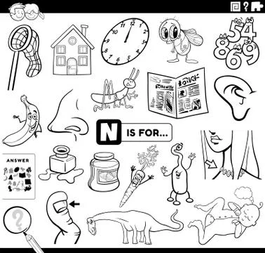Letter n educational task coloring book page Illustrazione stock