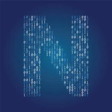 Letter N font made from binary code digits on a dark blue background Stock Illustration