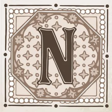 Letter N with leaves and frame Stock Illustration