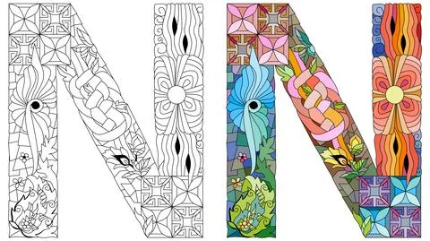 Letter N monogram for coloring, engraving design. Vector illustration. Color Ilustración de archivo