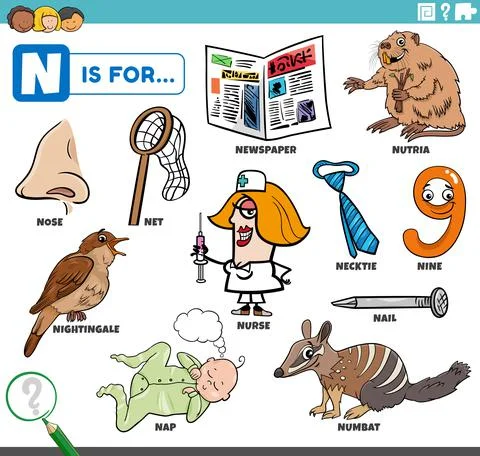Letter n words educational set with cartoon characters Illustrazione stock