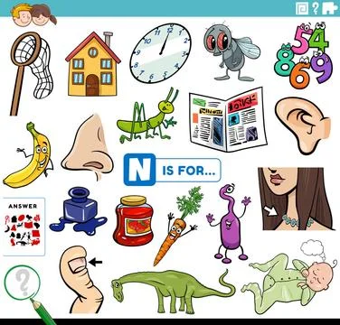 Letter n words educational task for children Cartoon Illustration of Findi... Stock Photos