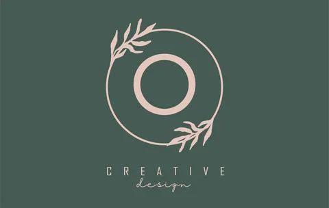 Letter O Logo with circle frame and pastel leaves design. Rounded vector illu Stock Illustration