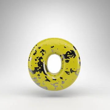 Letter O lowercase on white background. 3D letter with old yellow paint on gl Иллюстрация