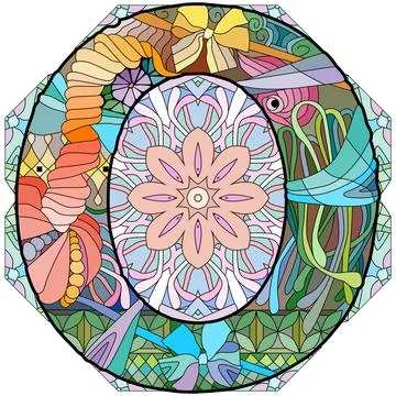 Letter O monogram, engraving design on mandala. Vector illustration. Иллюстрация
