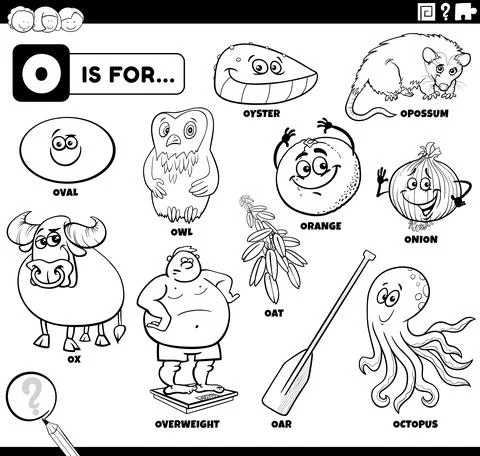 Letter o words educational set coloring book page Illustrazione stock
