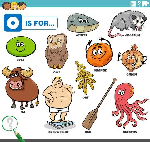 Letter o words educational set with cartoon characters 스톡 일러스트