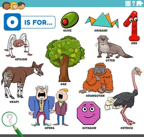 Letter o words educational set with cartoon characters 스톡 일러스트