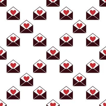 Letter or Message with Red Heart seamless pattern - love letter vector back.. Stock Illustration