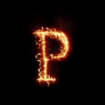 Letter P burning in fire, digital art isolated on black background, a letter Stock Illustration