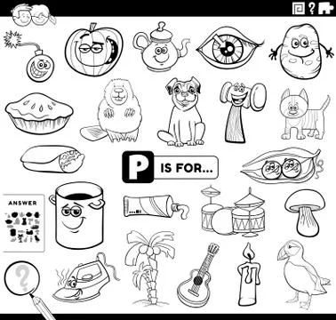 Letter p educational task coloring book page Stock Illustration