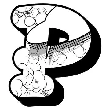 Letter P filled with comic book explosion, background. Illustrazione stock
