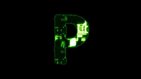 Letter P, glowing high tech digital cyber punk green alphabet on black Stock Illustration