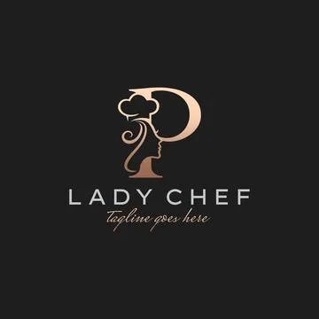 Letter P Lady Chef, Initial Beauty Cook Logo Design Vector Stock Illustration