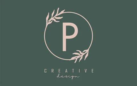 Letter P Logo with circle frame and pastel leaves design. Rounded vector illu Stock Illustration