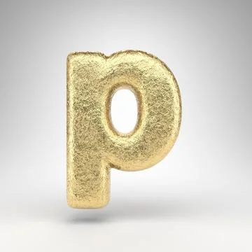 Letter P lowercase on white background. Creased golden foil 3D letter with gl Stock Illustration