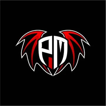 Letter P M initial vector logo template with a minimalist dragon wing style Illustrazione stock