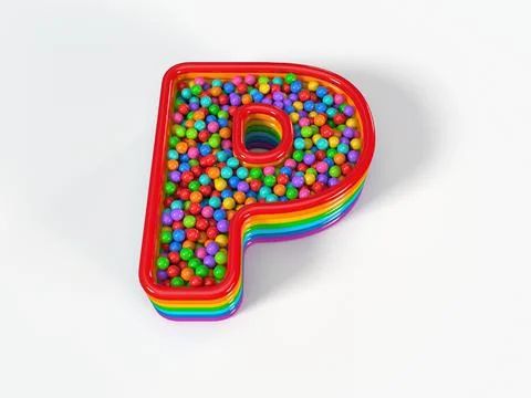 Letter P shaped child pool filled with plastic toy balls. 3D illustration Stock Illustration