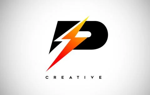 Letter P Thunderbolt Logo Concept with Black Letter and Orange Yellow Thunder Stock Illustration