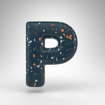 Letter P uppercase on white background. 3D letter with blue terrazzo pattern  Stock Illustration