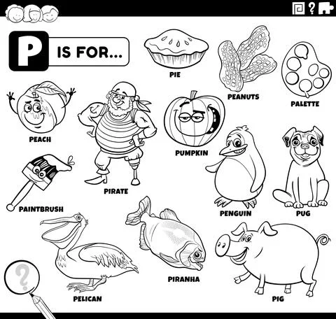 Letter p words educational set coloring book page Illustrazione stock