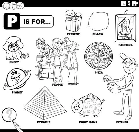 Letter p words educational set coloring book page Illustrazione stock