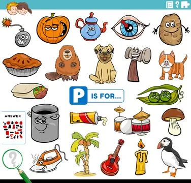 Letter p words educational task for children Cartoon Illustration of Findi... Stock Photos