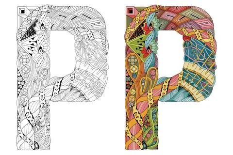 Letter P zentangle for coloring. Vector decorative object Stock Illustration