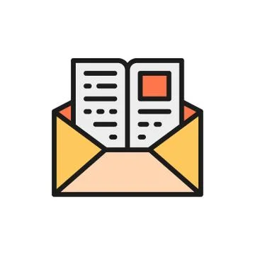 Letter with a page, invitation to study, envelope mail flat color line icon. Stock Illustration