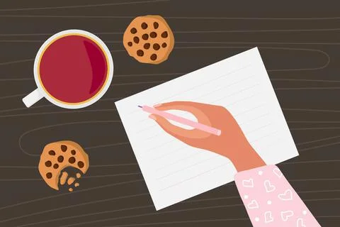 Letter pattern, hand with pen, tea mug, cookies on dark brown table. Person is Stock Illustration