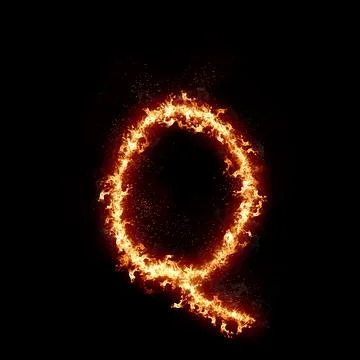 Letter Q burning in fire, digital art isolated on black background, a letter Stock Illustration