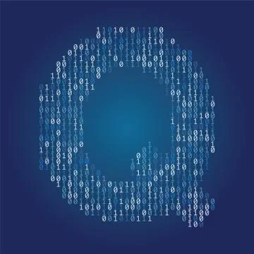 Letter Q font made from binary code digits on a dark blue background Stock Illustration
