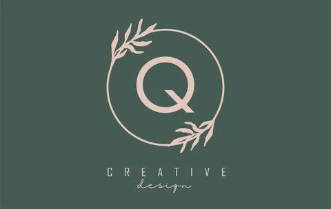 Letter Q Logo with circle frame and pastel leaves design. Rounded vector illu Stock Illustration