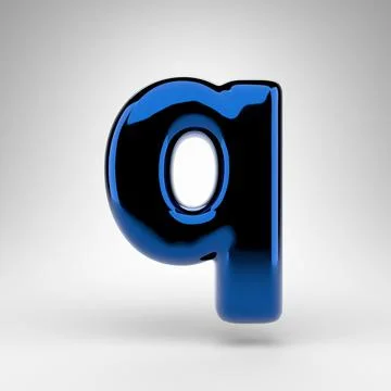 Letter Q lowercase on white background. Blue chrome 3D letter with glossy sur Illustration