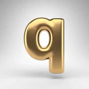 Letter Q lowercase on white background. Golden 3D rendered font with gloss me Stock Illustration