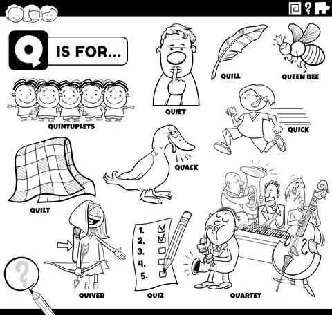 Letter q words educational set coloring book page 스톡 일러스트