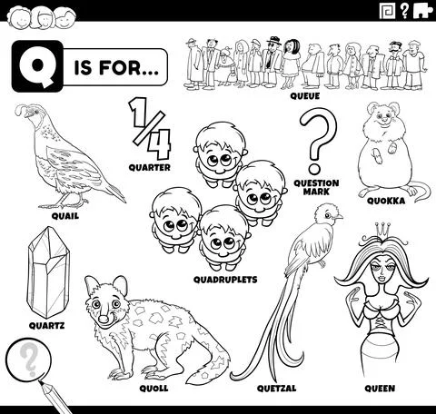 Letter q words educational set coloring book page Illustrazione stock