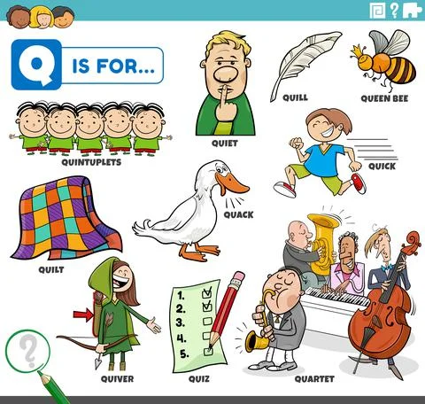 Letter q words educational set with cartoon characters Illustrazione stock