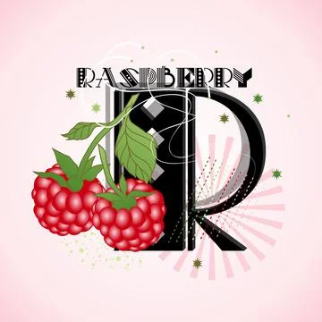 The letter R and Raspberry on a bright abstract background 스톡 일러스트