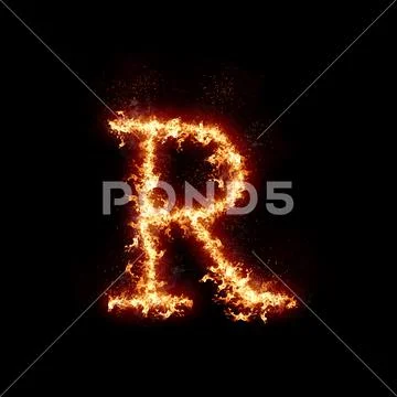 Letter R burning in fire, digital art isolated on black background, a ...