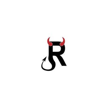 Letter R with devil's horns and tail icon logo design vector Stock Illustration