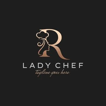 Letter R Lady Chef, Initial Beauty Cook Logo Design Vector Stock Illustration