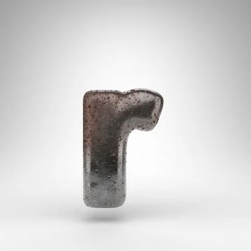 Letter R lowercase on white background. Rusty metal 3D letter with oxidized t Ilustración de archivo