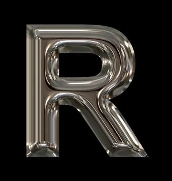 Letter R rounded shiny silver isolated on black Stock Illustration