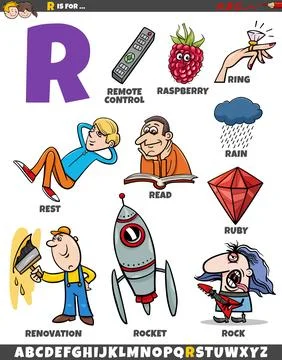 Letter R set with cartoon objects and characters 库存插图